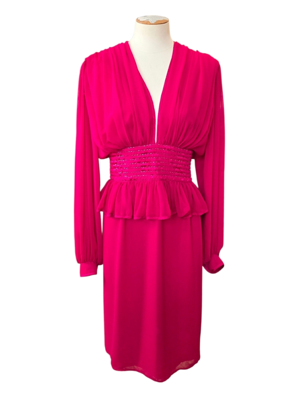 Vintage 1980's Wayne Clark Fuchsia Peplum Dress Womens Size 10